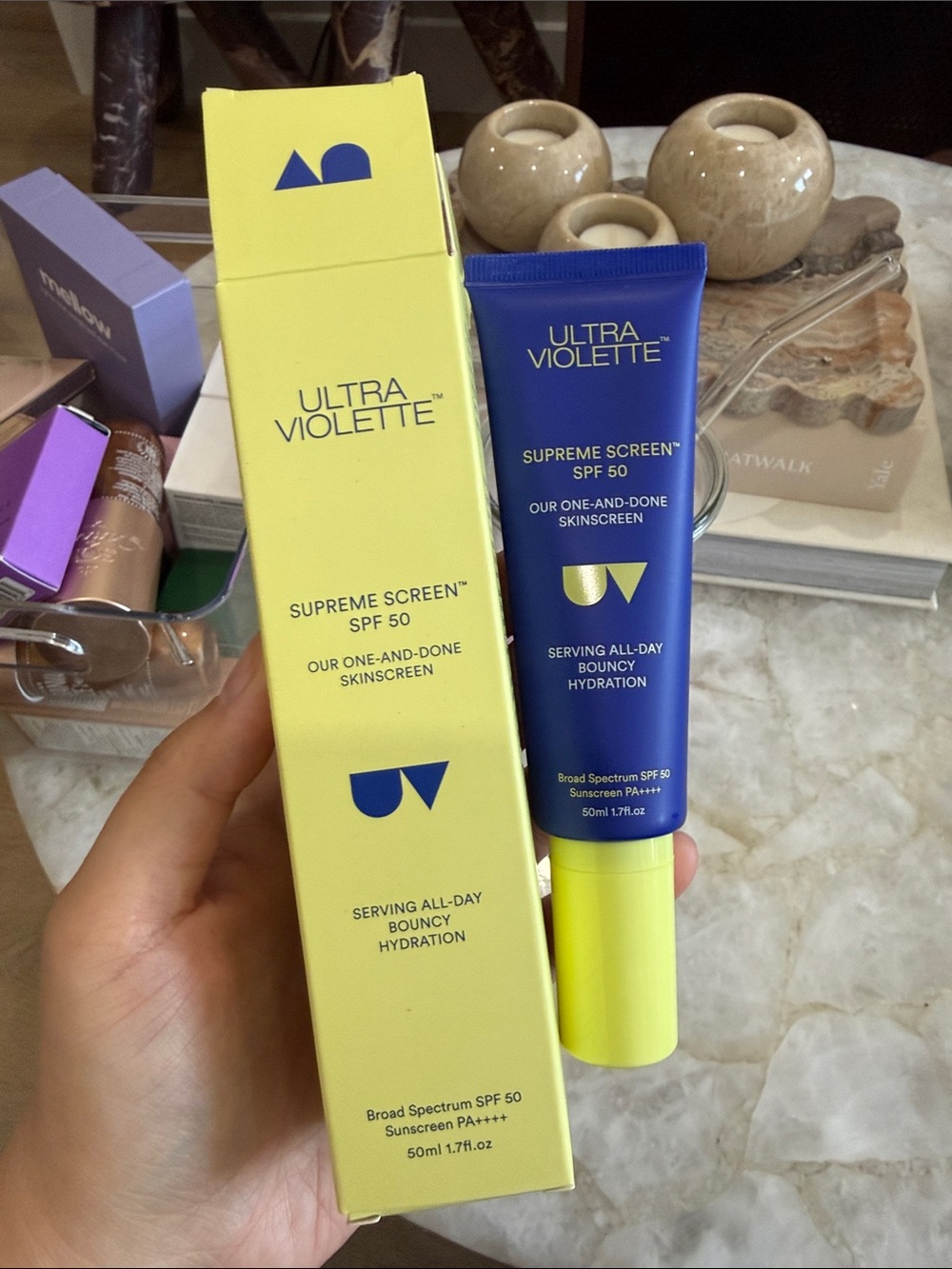 Ultra Violette Supreme Screen SPF 50 Tube and Box — Blue & Yellow Packaging